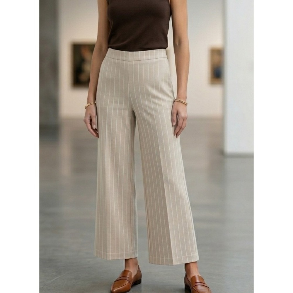 Jones New York XL Oatmeal & White Pinstripe Wide Leg Pull On Ankle Pants Neutral